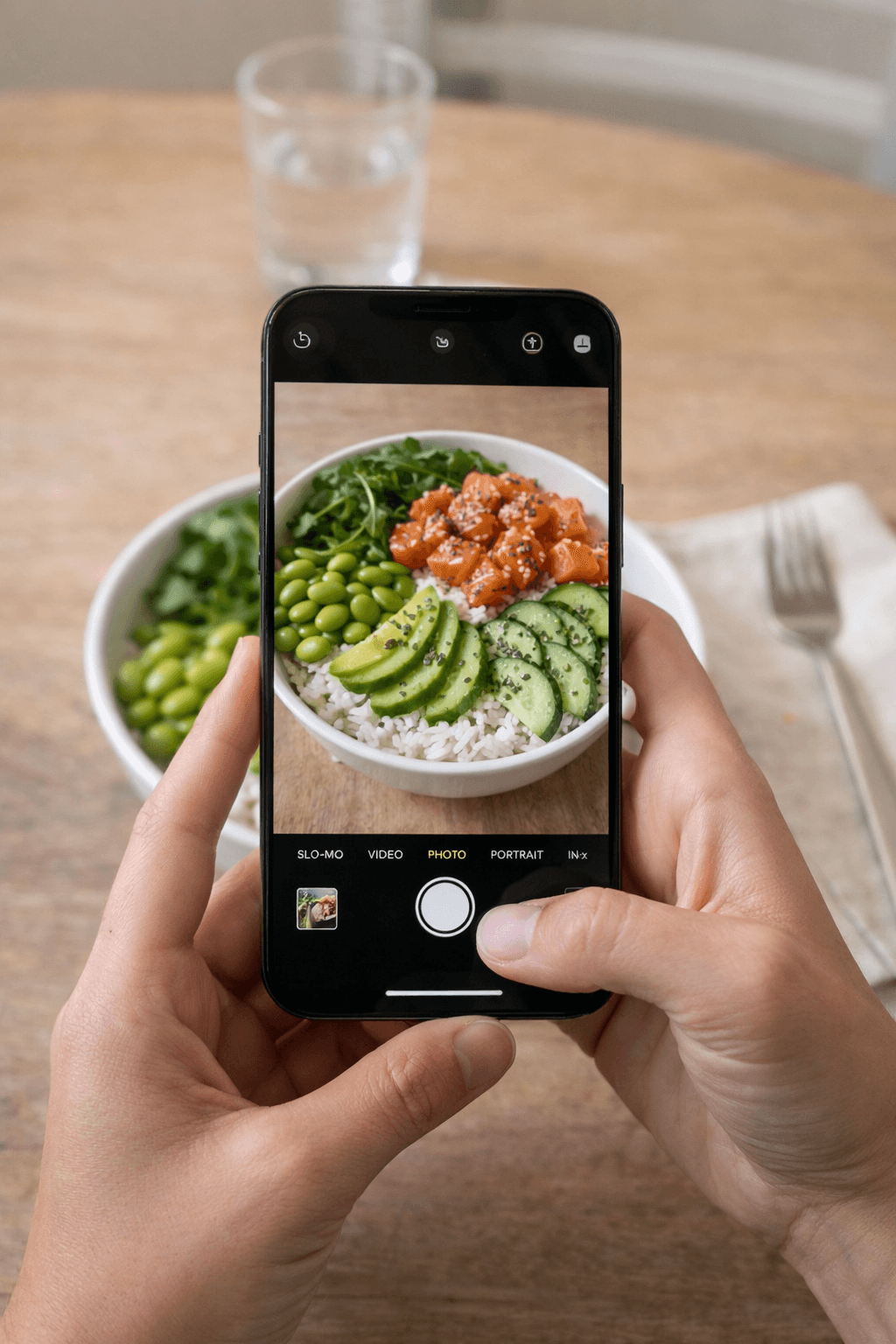 Phone taking a photo of a salmon poke bowl